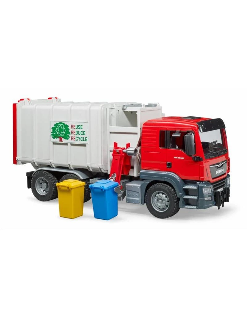 Bruder 3761 - MAN TGS vuilniswagen (zij lader) incl. 2 kliko's Bruder 3761 - MAN TGS Vuilniswagen (zij Lader) Incl. 2 Kliko's -Britains Winkel bruder bruder 3761 man tgs vuilniswagen zij lader